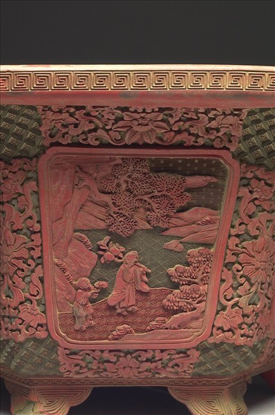 剔彩山水人物圖六方花盆