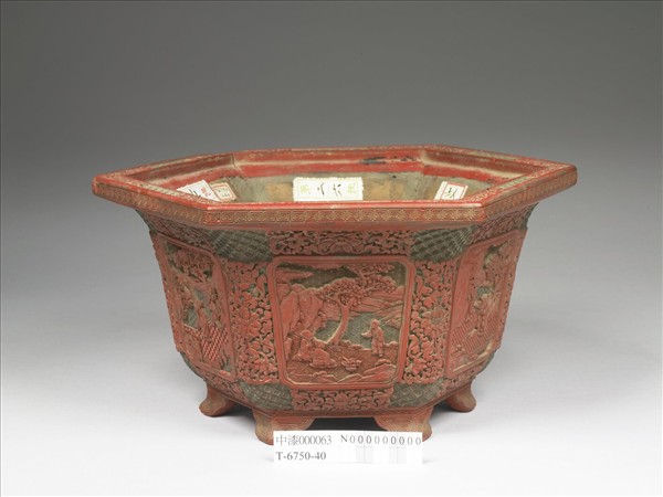 剔彩山水人物圖六方花盆