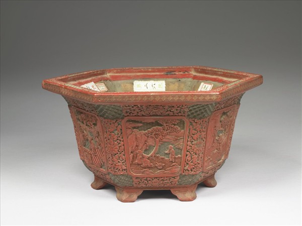 剔彩山水人物圖六方花盆