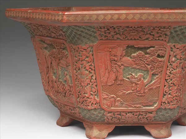 剔彩山水人物圖六方花盆