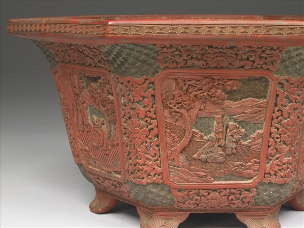 剔彩山水人物圖六方花盆