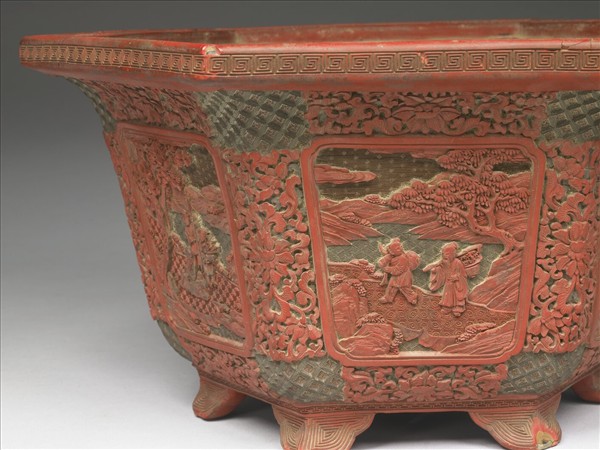 剔彩山水人物圖六方花盆