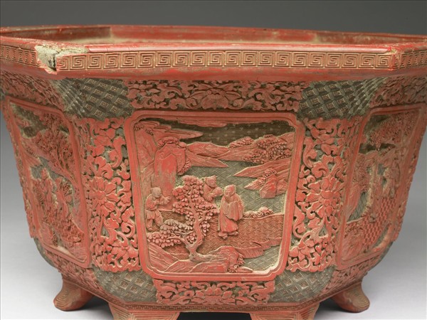 剔彩山水人物圖六方花盆