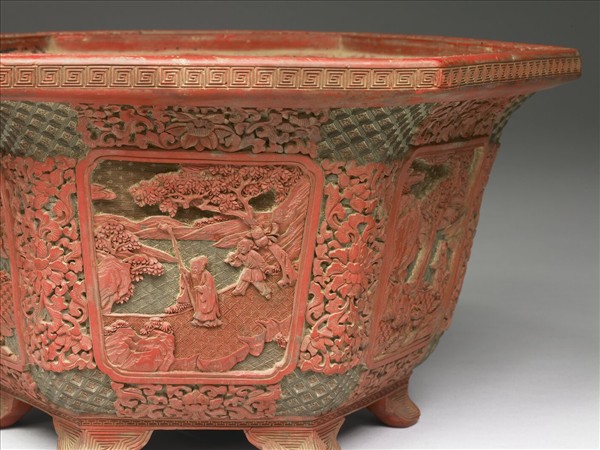 剔彩山水人物圖六方花盆