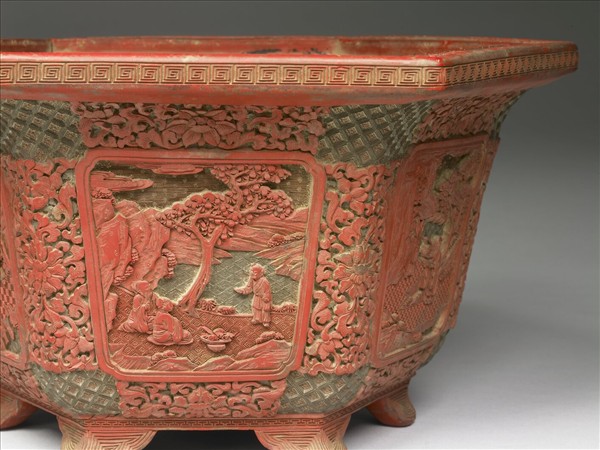 剔彩山水人物圖六方花盆