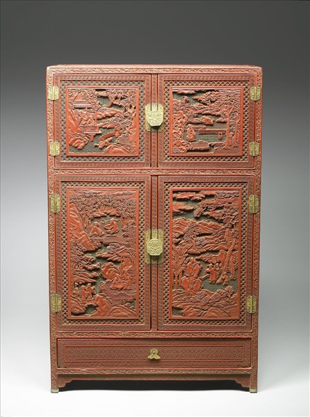 剔彩山水人物方櫃