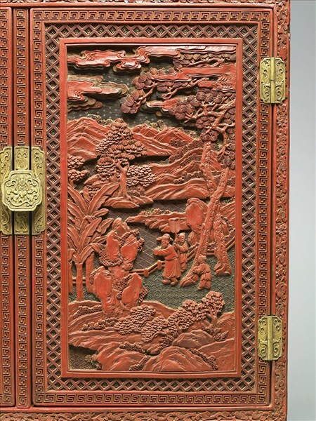 剔彩山水人物方櫃