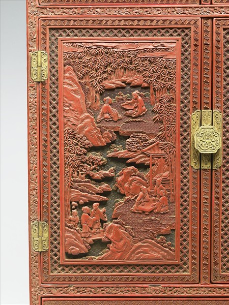 剔彩山水人物方櫃