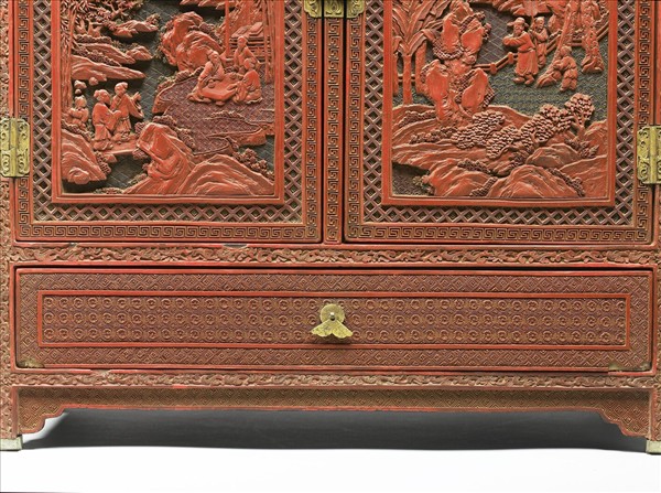 剔彩山水人物方櫃