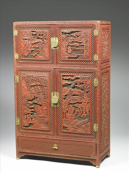 剔彩山水人物方櫃