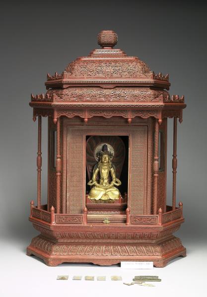 剔紅漢式亭閣形龕-內供木雕金漆無量壽佛