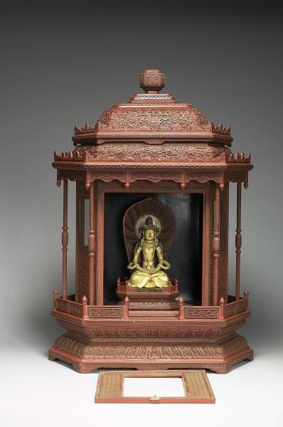 剔紅漢式亭閣形龕-內供木雕金漆無量壽佛