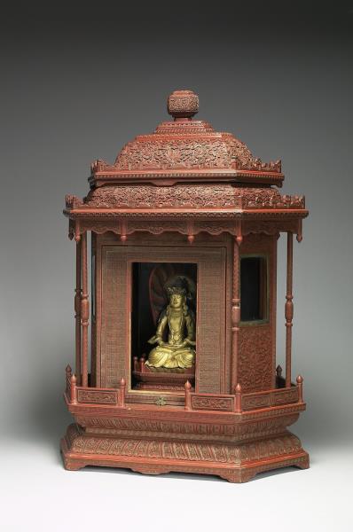 剔紅漢式亭閣形龕-內供木雕金漆無量壽佛