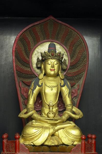 剔紅漢式亭閣形龕-內供木雕金漆無量壽佛