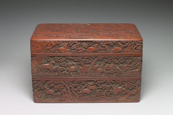 剔紅鹿苑長春圖多寶格長方盒