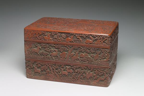 剔紅鹿苑長春圖多寶格長方盒