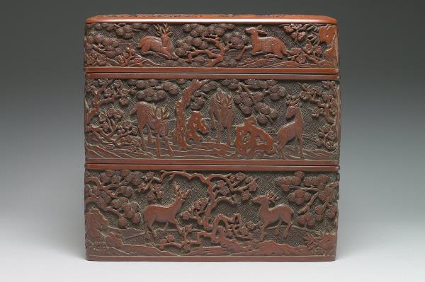 剔紅鹿苑長春圖多寶格長方盒