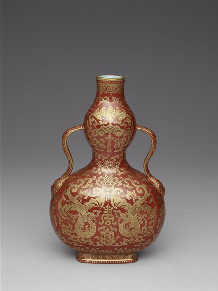 紅釉描金福壽四喜葫蘆瓶