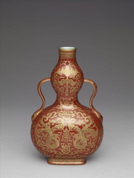 紅釉描金福壽四喜葫蘆瓶
