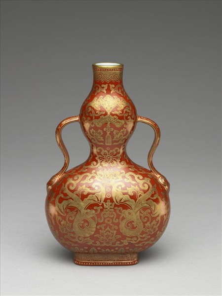 紅釉描金福壽四喜葫蘆瓶