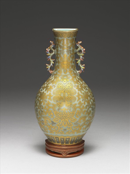 青瓷金彩雙耳轎瓶