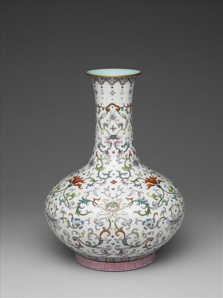 洋彩花卉紋長頸瓶