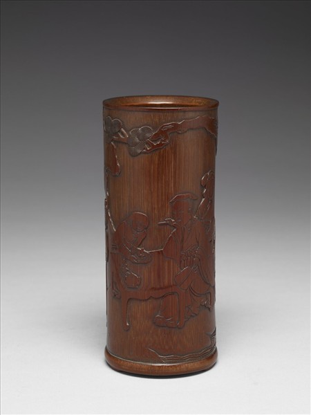 竹雕羲之題扇圖筆筒