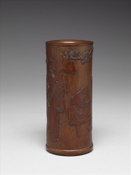 竹雕羲之題扇圖筆筒