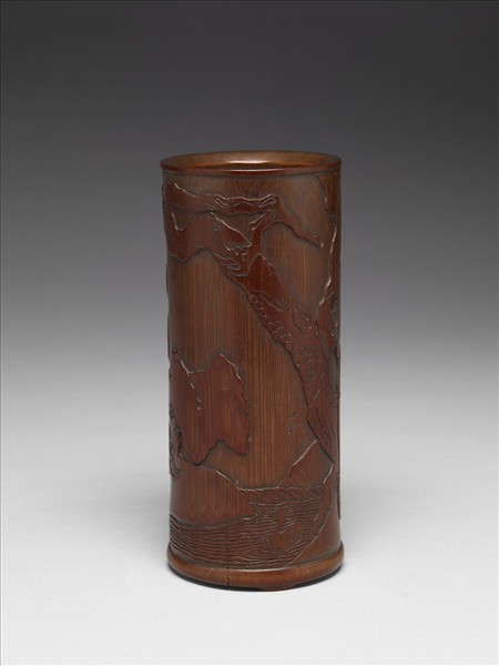 竹雕羲之題扇圖筆筒