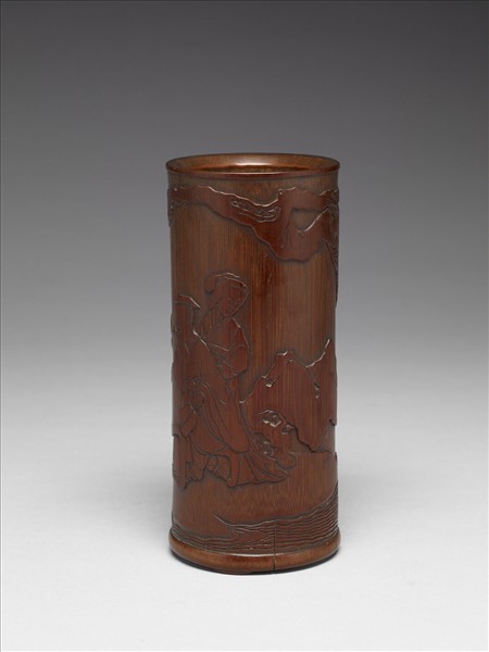 竹雕羲之題扇圖筆筒