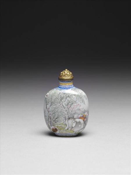 銅胎畫琺瑯杏柳春燕母子鼻煙壺