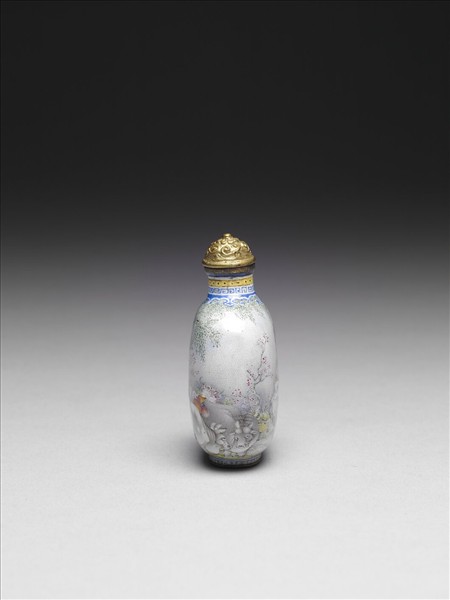 銅胎畫琺瑯杏柳春燕母子鼻煙壺