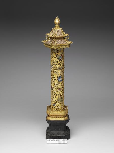 銅鎏金嵌料石樓閣式香筒