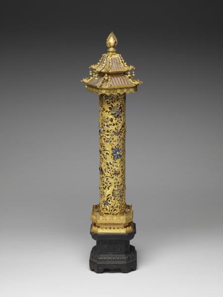 銅鎏金嵌料石樓閣式香筒