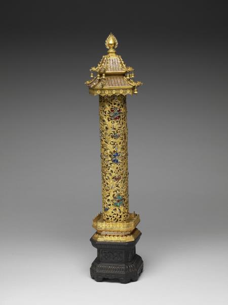 銅鎏金嵌料石樓閣式香筒