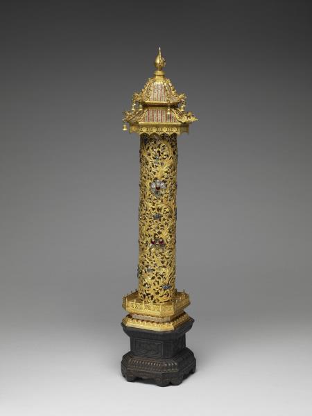 銅鎏金嵌料石樓閣式香筒