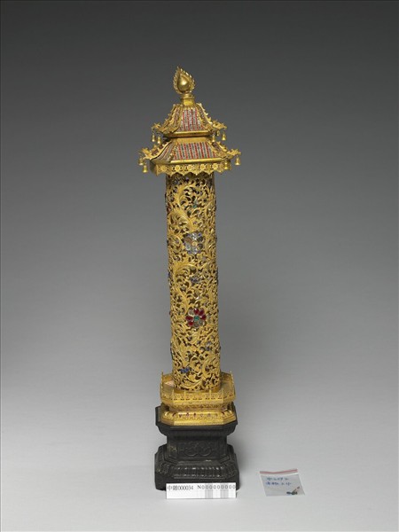 銅鎏金嵌料石樓閣式香筒