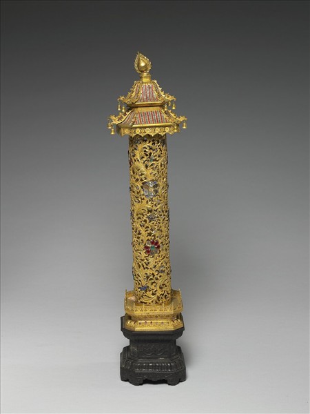 銅鎏金嵌料石樓閣式香筒