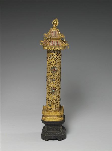 銅鎏金嵌料石樓閣式香筒