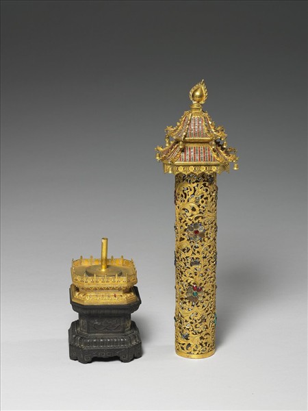 銅鎏金嵌料石樓閣式香筒