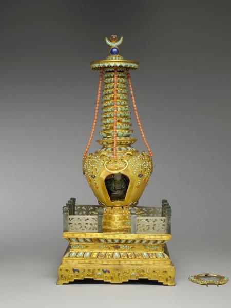 鍍金嵌珊瑚松石藏式塔形龕