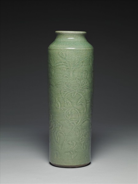 龍泉窯 青瓷劃花花卉長瓶