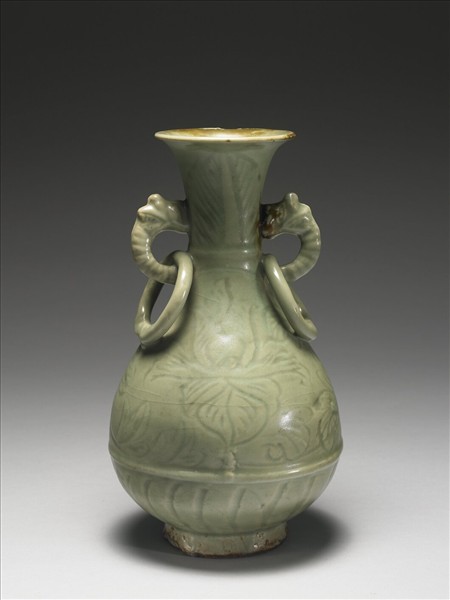 龍泉窯 青瓷獸耳聯環瓶