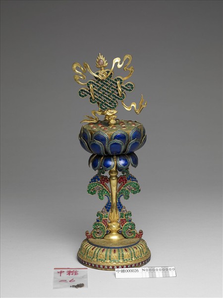 銅鎏金嵌料石八寶-盤長