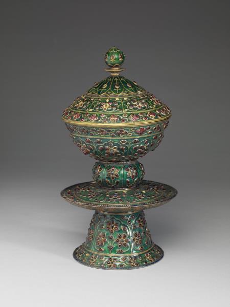 內填琺瑯嵌寶高足蓋碗