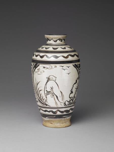 吉州窯 白瓷黑彩人物圖瓶
