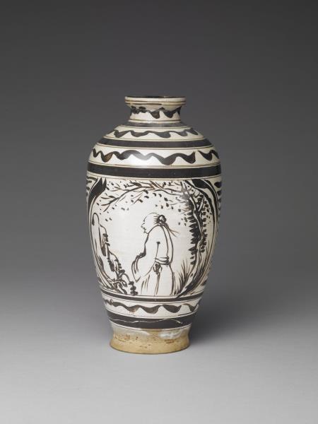 吉州窯 白瓷黑彩人物圖瓶