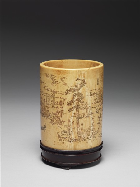 象牙雕山水仕女筆筒