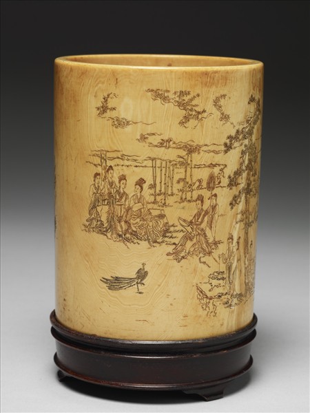 象牙雕山水仕女筆筒