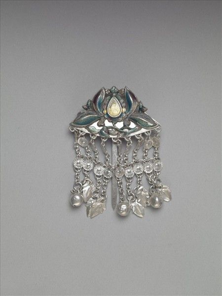 銀銅合金內填琺瑯番蓮步搖